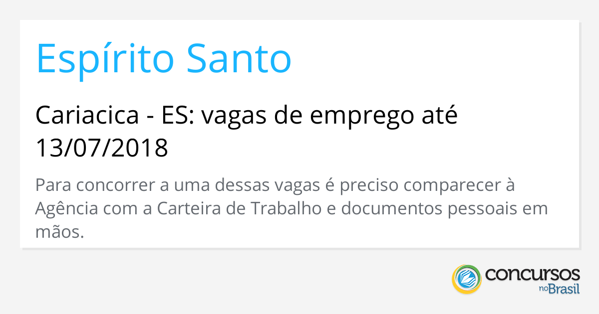 Cariacica - ES: vagas de emprego até 13/07/2018